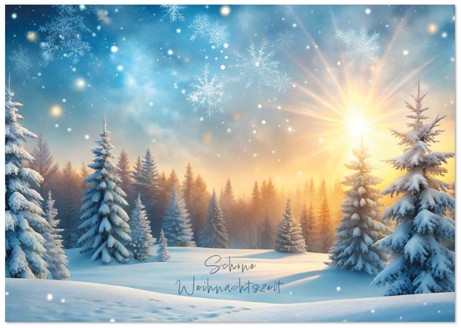Zauberhafte Weihnachtskarte mit winterlichem Tannenwald bei Sonnenuntergang und Weihnachtsgruß