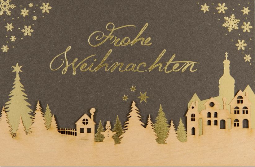 Edle Weihnachtskarte mit Holzapplikation und Goldfolienprägung "Frohe Weihnachten"