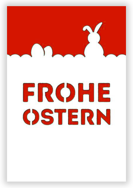 Weiße Ostergrußkarte mit rotem Falteinleger, Formstanzung und Ostergruß