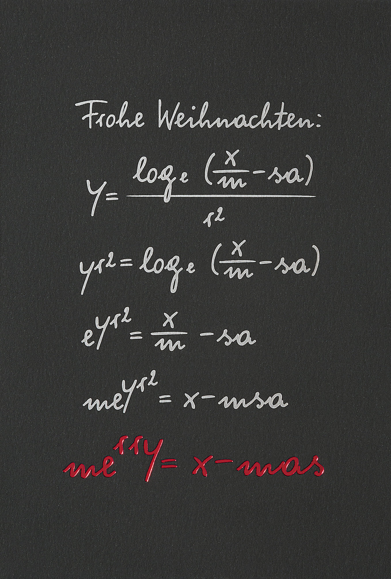 Moderne Weihnachtskarte mit mathematischer Gleichung und rotem und silbernem Foliendruck