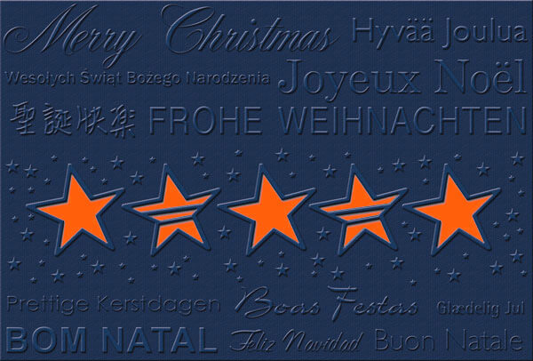 Mehrsprachige Weihnachtskarte in dunkelblau mit Sternenstanzung und Einleger in orange