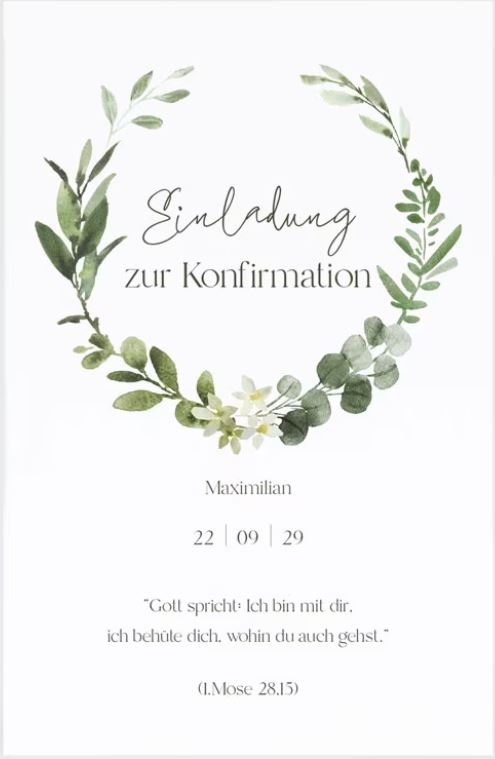 Einladung zur Konfirmation im Greenery-Design mit Kranz aus Eukalyptusblättern