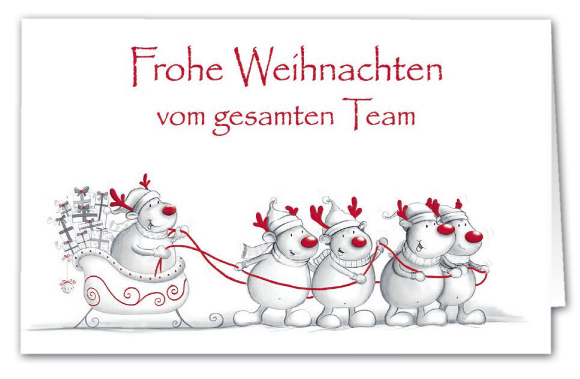 Firmen-Weihnachtskarte mit weihnachtlichen Grüßen und lustigem Teddymotiv mit Rentiermützen