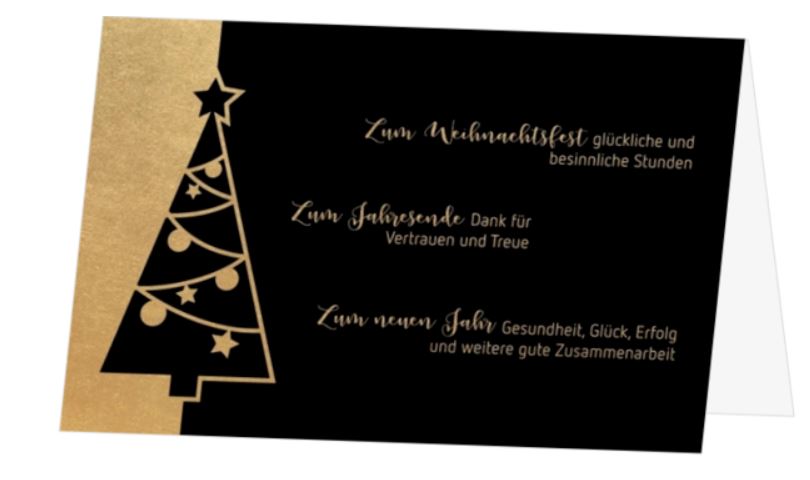 Geschäftliche Spendenweihnachtskarte mit gold-schwarzem Baum und Firmengruß für MISEREOR - Ihr Hilfswerk