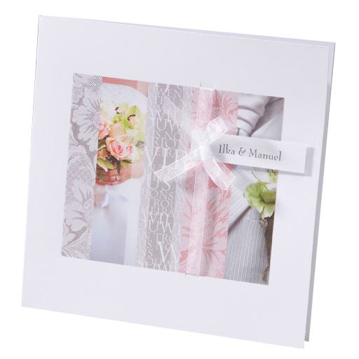 Hochzeitskarte weiß quadratisch Fotocollage Brautstrauß Spitze