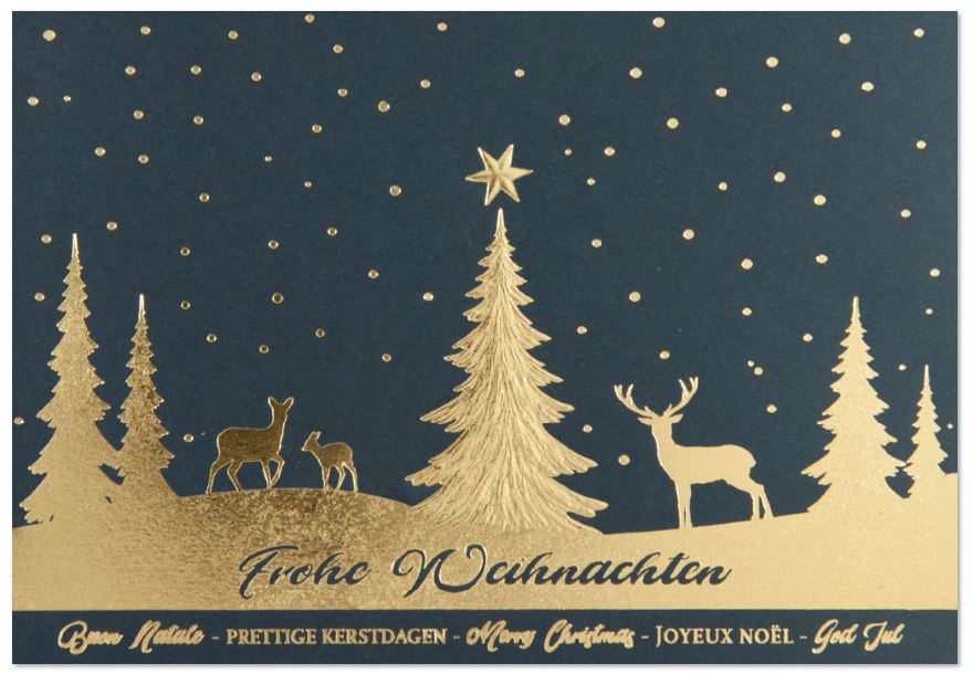 Blaue Weihnachtskarte mit Goldfolienprägung von internationalen Grüßen und Weihnachtsmotiv