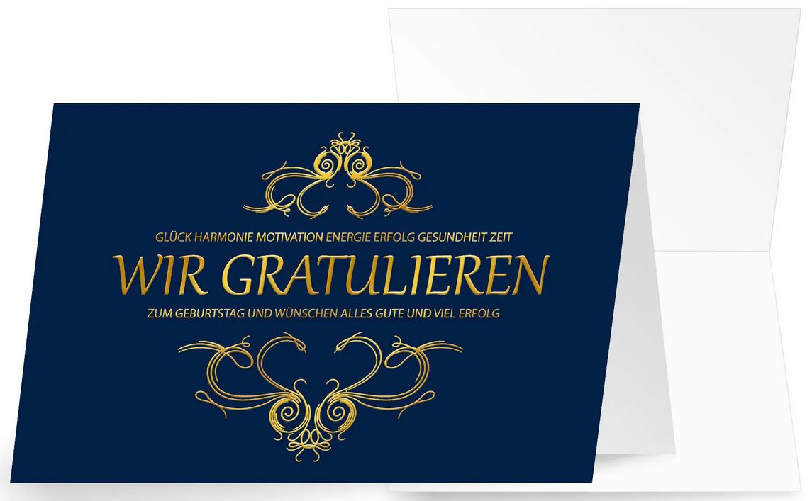 Firmenglückwunschkarte zum Geburtstag in dunkelblau mit goldener Ornamentverzierung und Glückwünschen