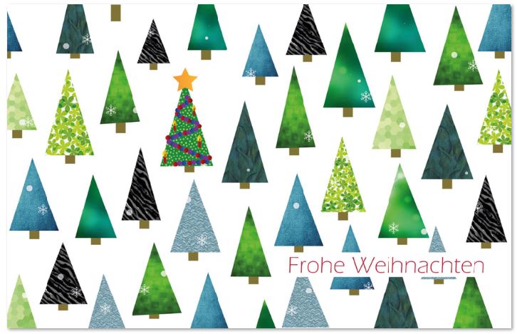 Weihnachtskarte mit vielen Bäumen und geschmücktem Christbaum sowie "Frohe Weihnachten"