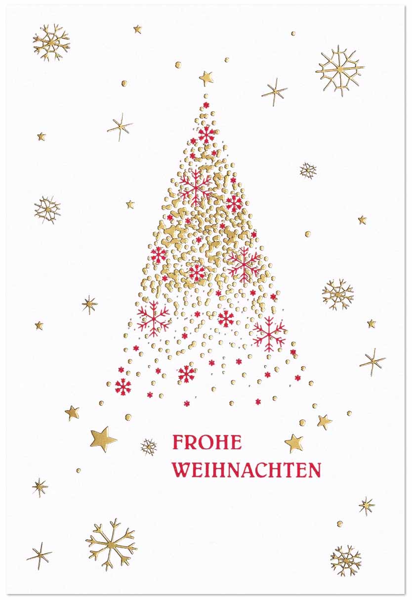 Weiße Weihnachtskarte mit goldener und roter Folienprägung von Gruß und Weihnachtsmotiv