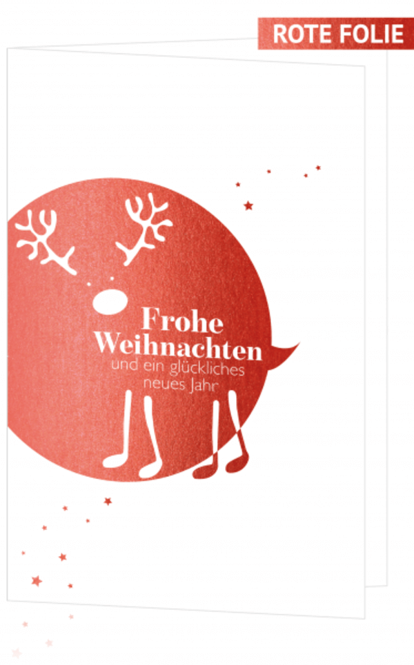 Lustige Weihnachtskarte mit Weihnachtsgruß und Rentier im roten Kreis zugunsten Kinderherzen Fördergemeinschaft