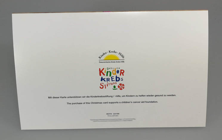 Spenden Weihnachtskarten Rückseite mit Logo und Infotext der Deutschen Kinderkrebsstiftung und Österreichische Kinder - Krebs - Hilfe