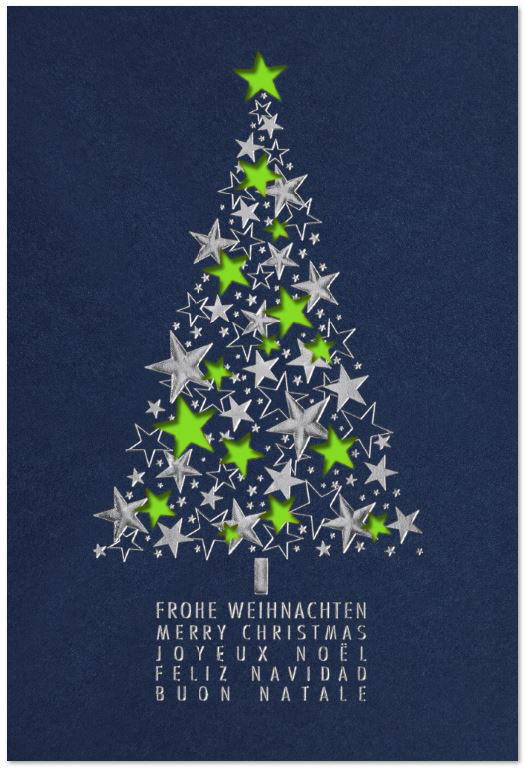 Dunkelblaue Weihnachtskarte mit Baum aus Sternen, mehrsprachig und Einlegeblatt in hellgrün