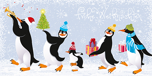 Weihnachtskarte Frohe Weihnachten m. fünf gezeichneten Pinguinen