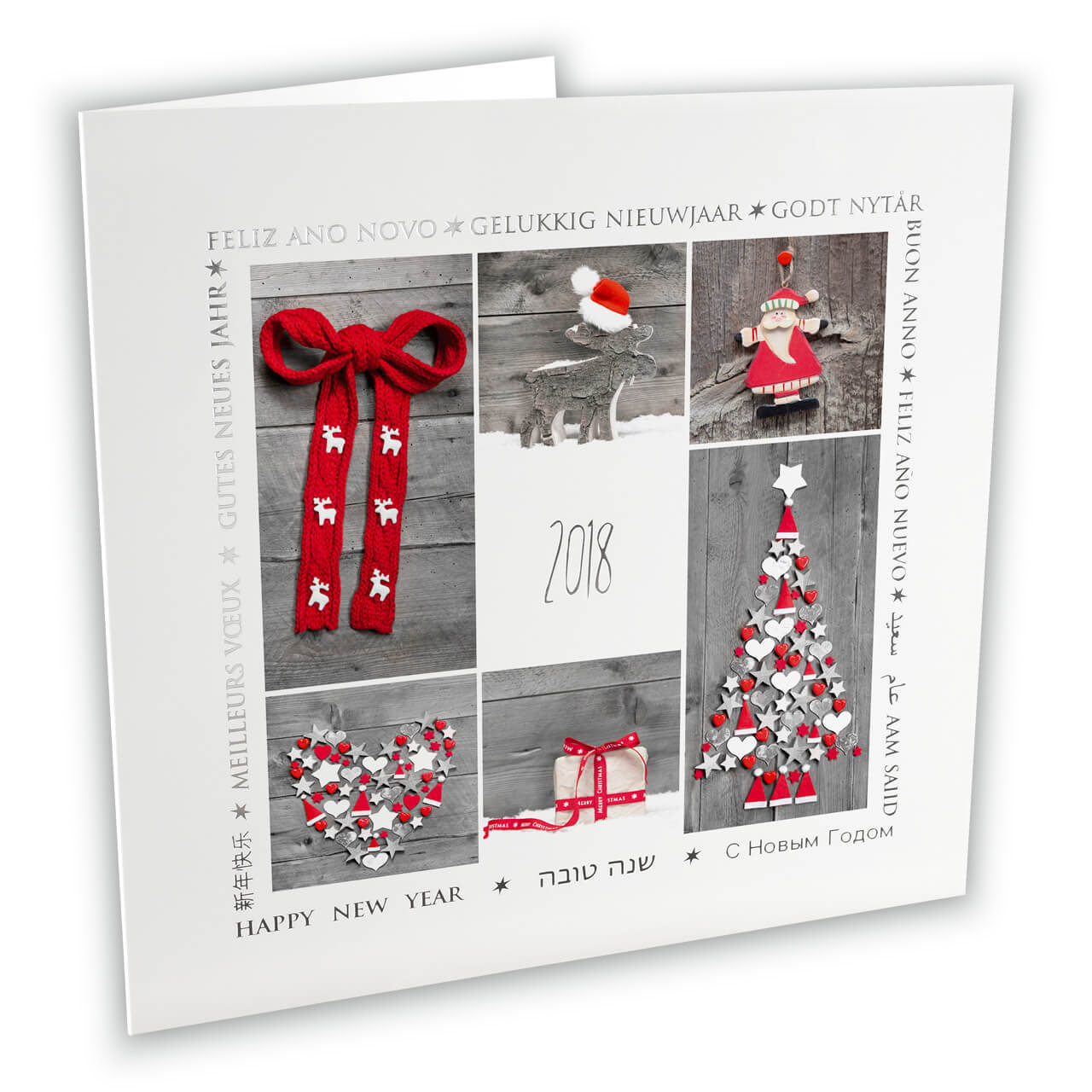 Quadratische Festtagskarte als Klappkarte mit weihnachtlichen Motiven in grau - rot