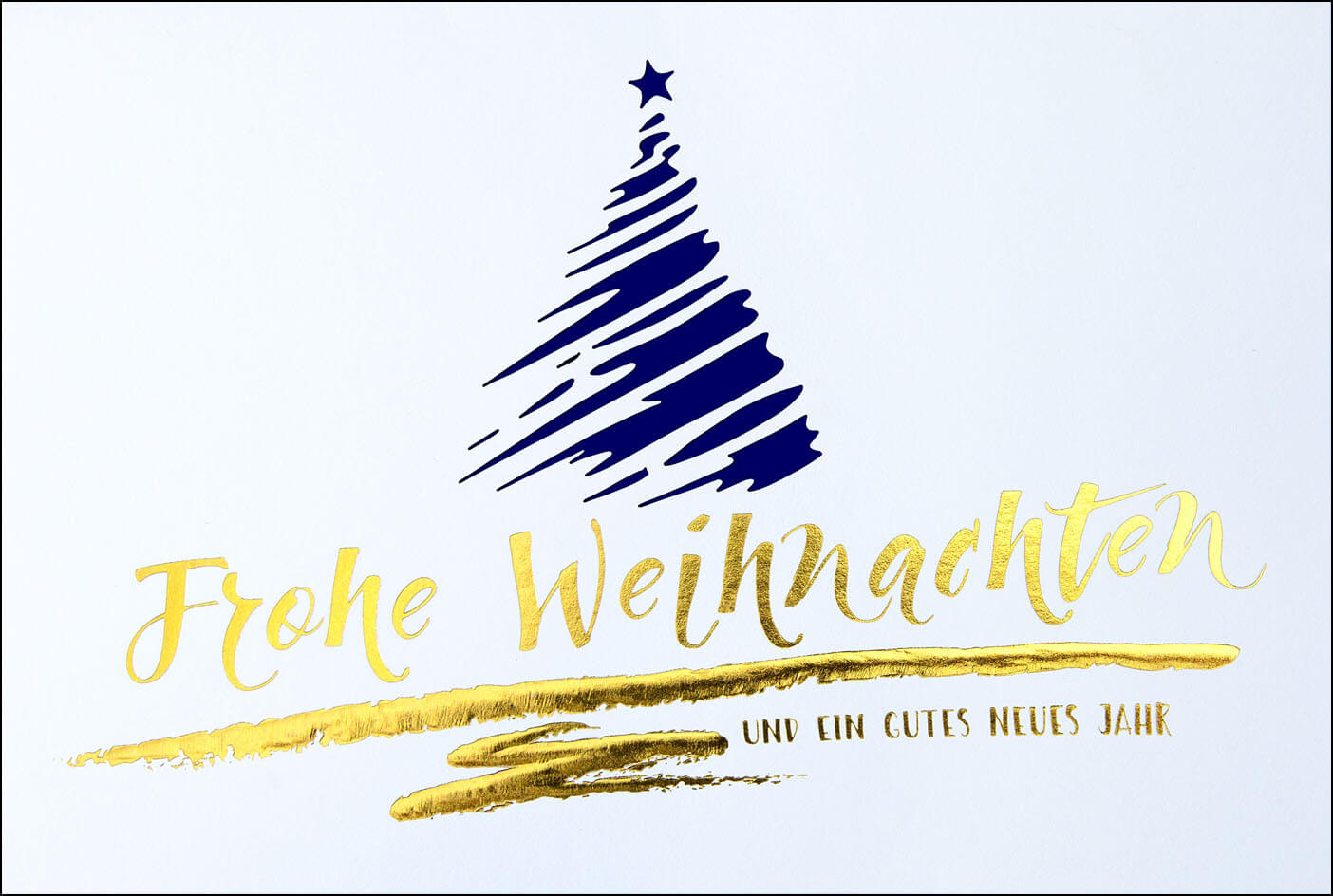 Weihnachtskarte mit Weihnachtsbaum und Schriftzug in Gold - Einleger dunkelblau