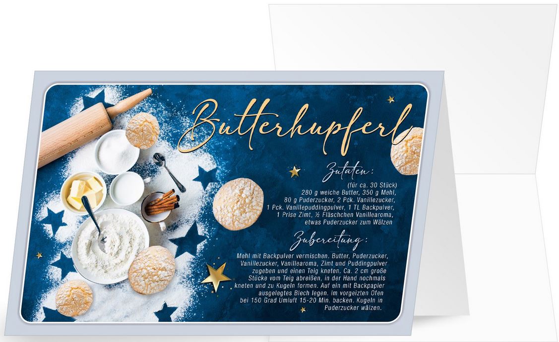 Weihnachtliche Rezeptkarte mit Zutaten und Zubereitung für Butterhupferl