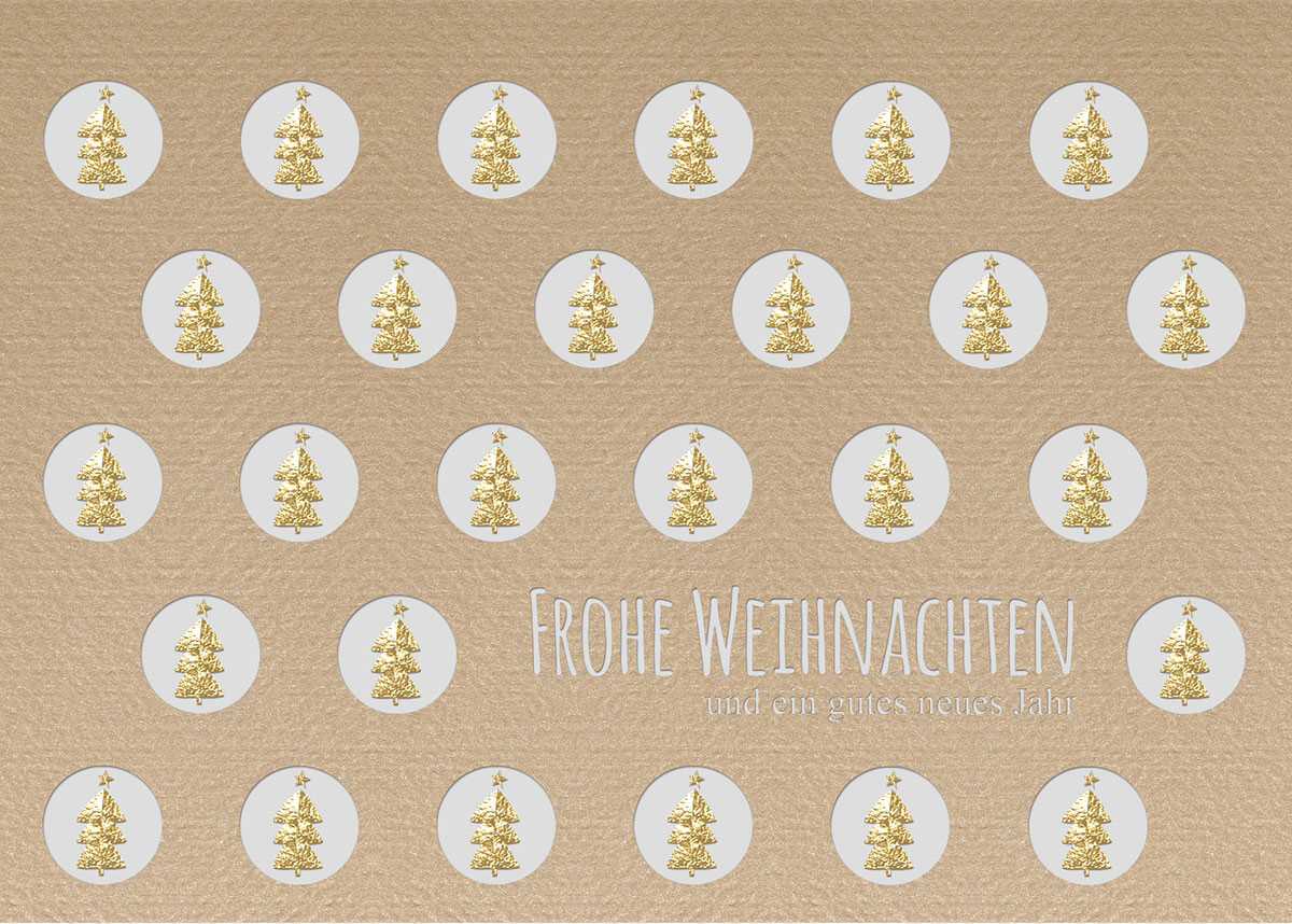 Sandfarbene Weihnachtskarte mit goldenen Weihnachtsbäumen und Weihnachtsgruß