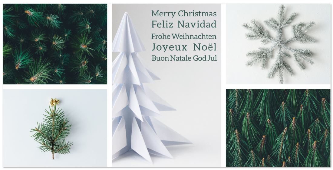 Internationale Weihnachtskarte mit Origami-Bäumchen und grünen Tannenzweigen, DIN lang