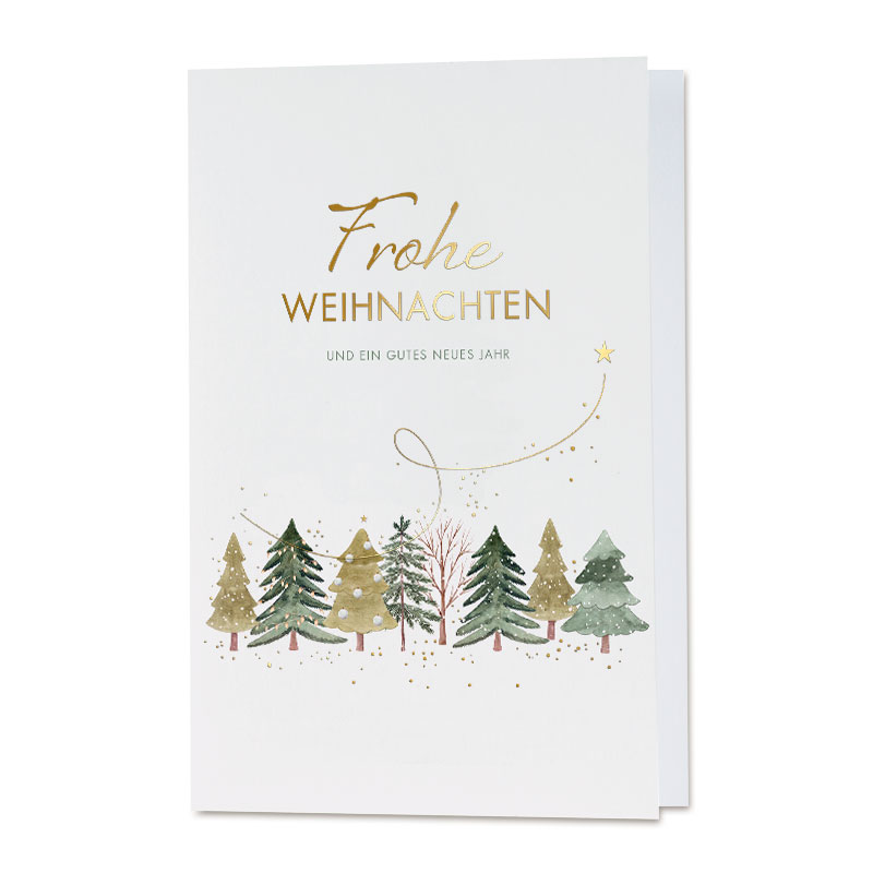 Weiße Weihnachtskarte mit Goldfolienprägung "Frohe Weihnachten" und grünem Tannenwald