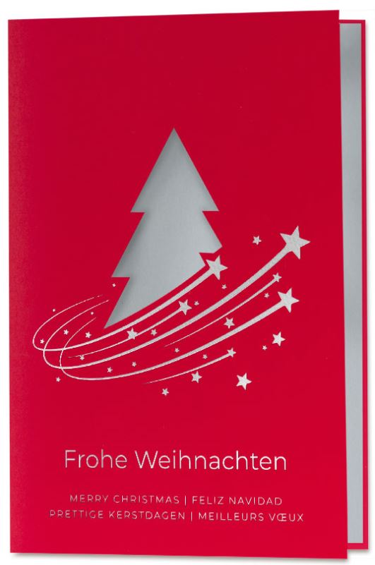 Rote Weihnachtskarte mit Stanzung, internationalen Weihnachtsgrüßen und silbernem Einleger