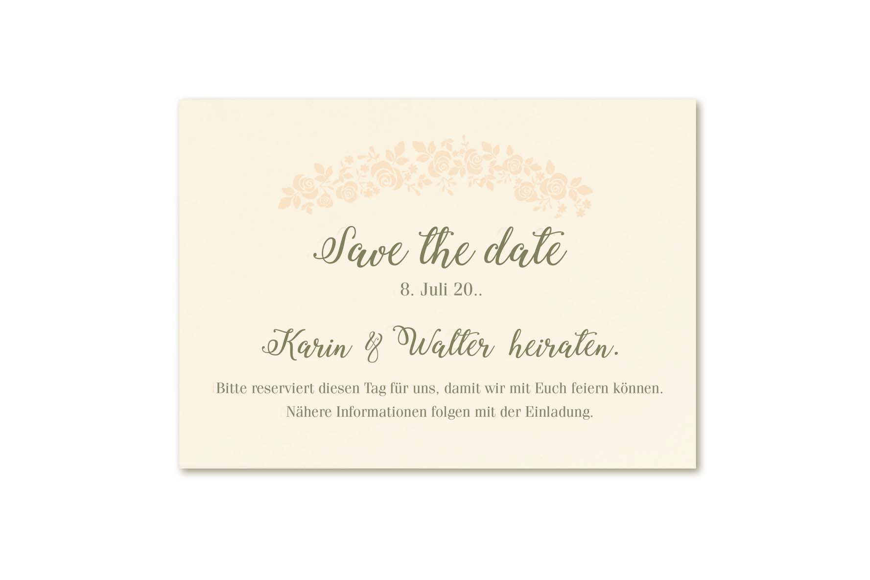 Klassische Save the Date Karte in creme mit feiner Rosenverzierung