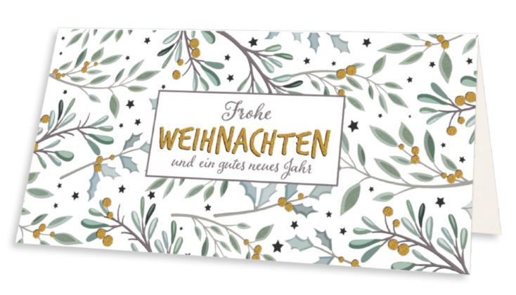 Florale Weihnachtskarte mit Weihnachtsgruß und kleinen Sternen im Format DIN lang