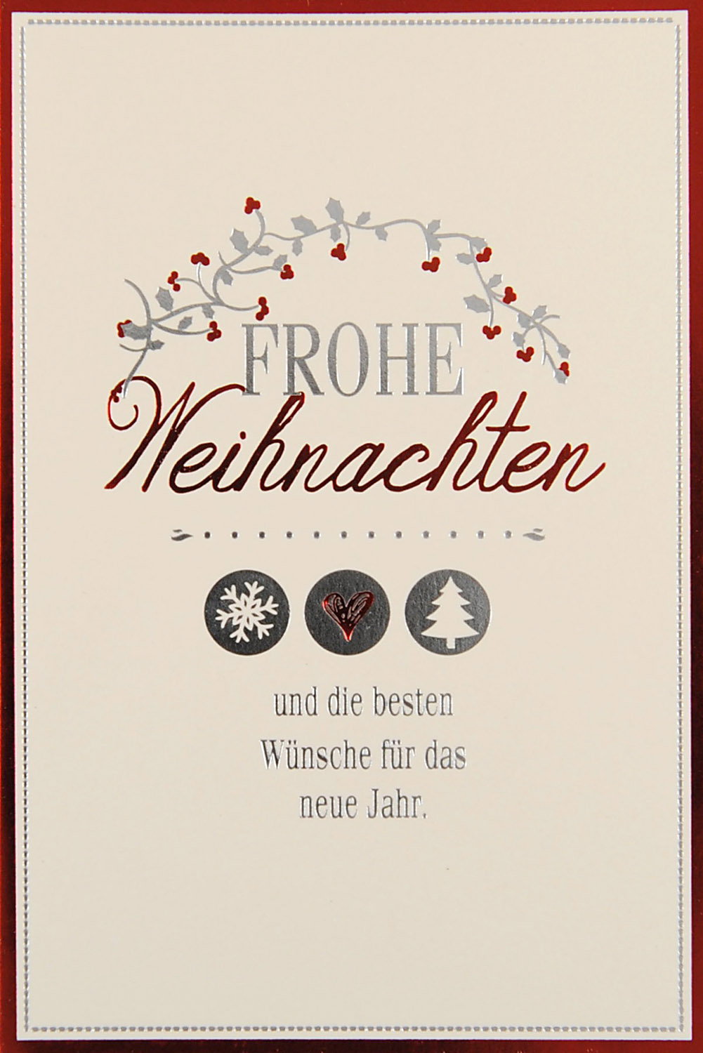 Cremefarbene Weihnachtskarte im klassischen Stil mit edler Rot- und Silberfolienprägung