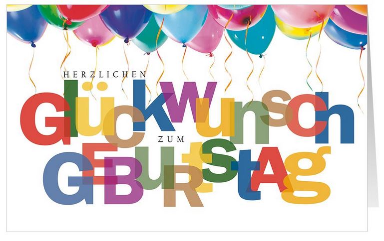 Fröhliche Glückwunschkarte zum Geburtstag mit buntem Geburtstagsgruß und Luftballons