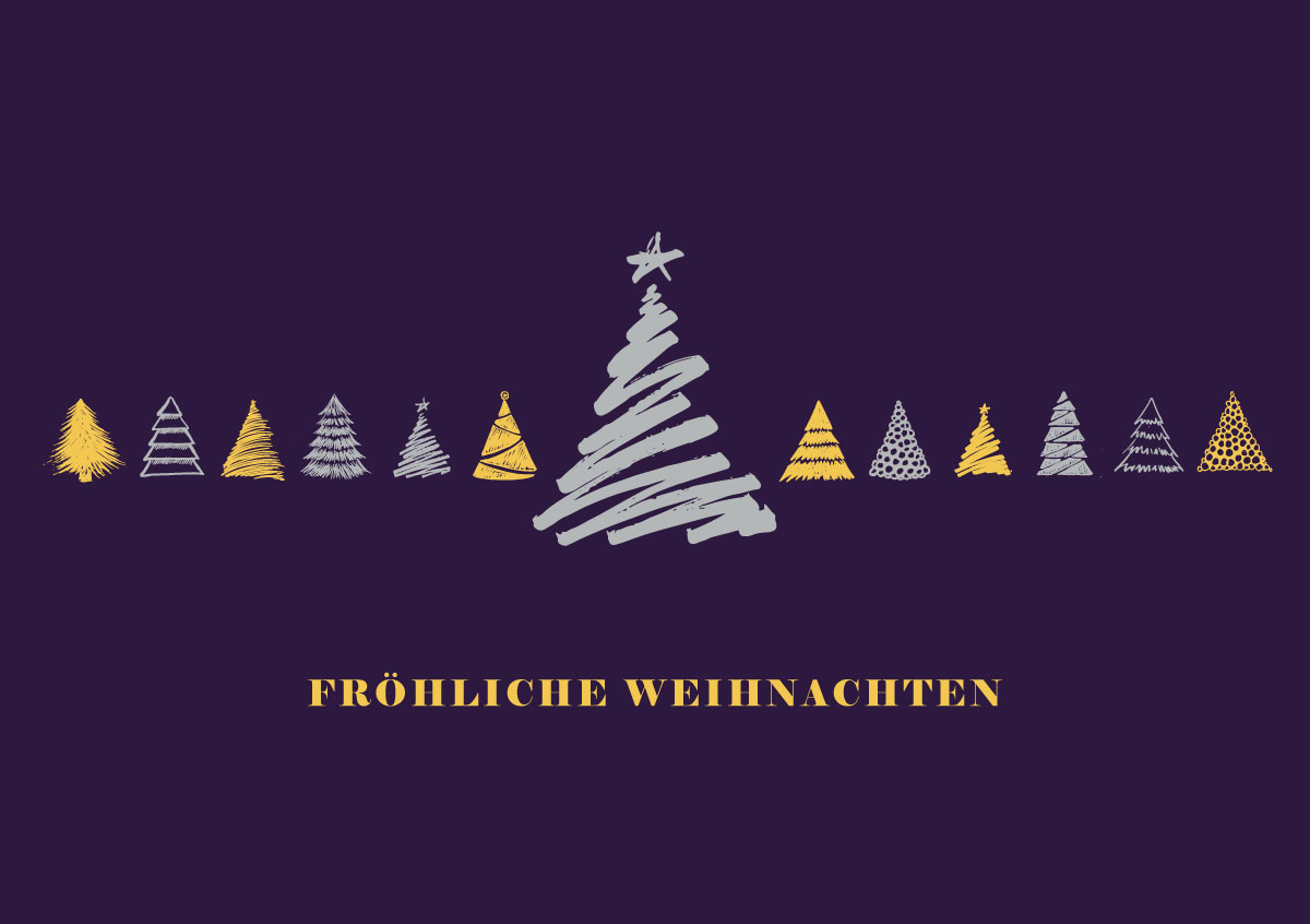 Festliche Weihnachtskarte in aubergine mit "Fröhliche Weihnachten" und Weihnachtsbäumen