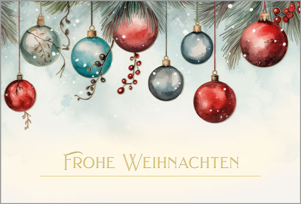 Weihnachts-Spendenkarte mit hängenden Kugeln und Gruß zugunsten Deutsches Kinderhilfswerk