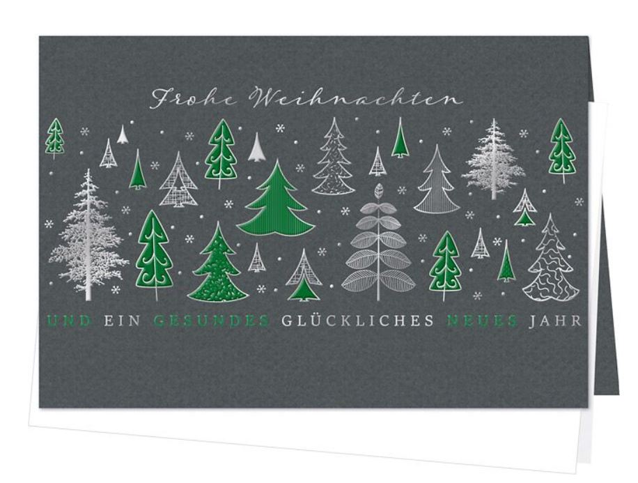 Graphitgraue Weihnachtskarte mit edler Folienprägung von Bäumen und Gruß in silber und grün