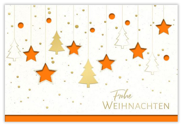 Naturweiße Weihnachtskarte mit Formstanzung Sterne, Goldfolienprägung und Einleger in orange