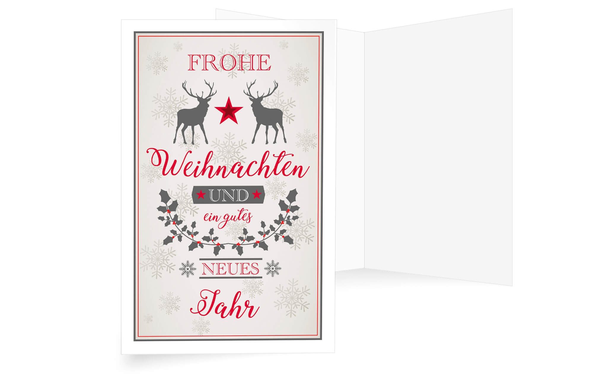 Weihnachtskarte mit zwei prächtigen Hirschen, Zweigen, Eiskristallen und rotem Stern