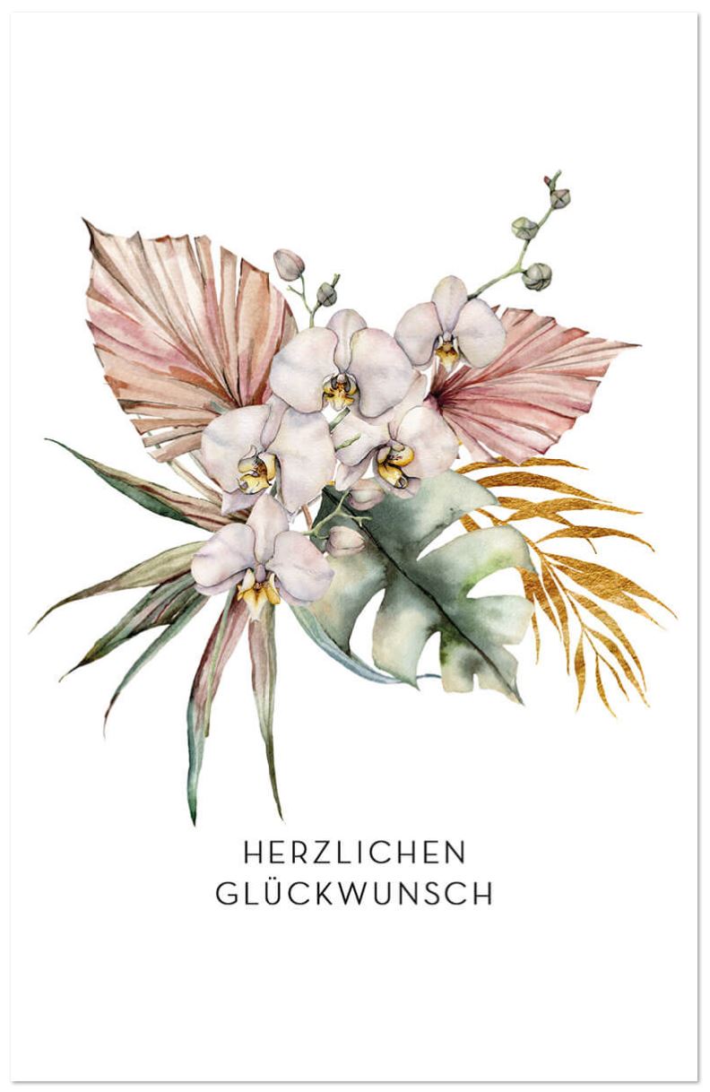 Glückwunschkarte mit einem Orchideenstrauß und dem Gruß "Herzlichen Glückwunsch"