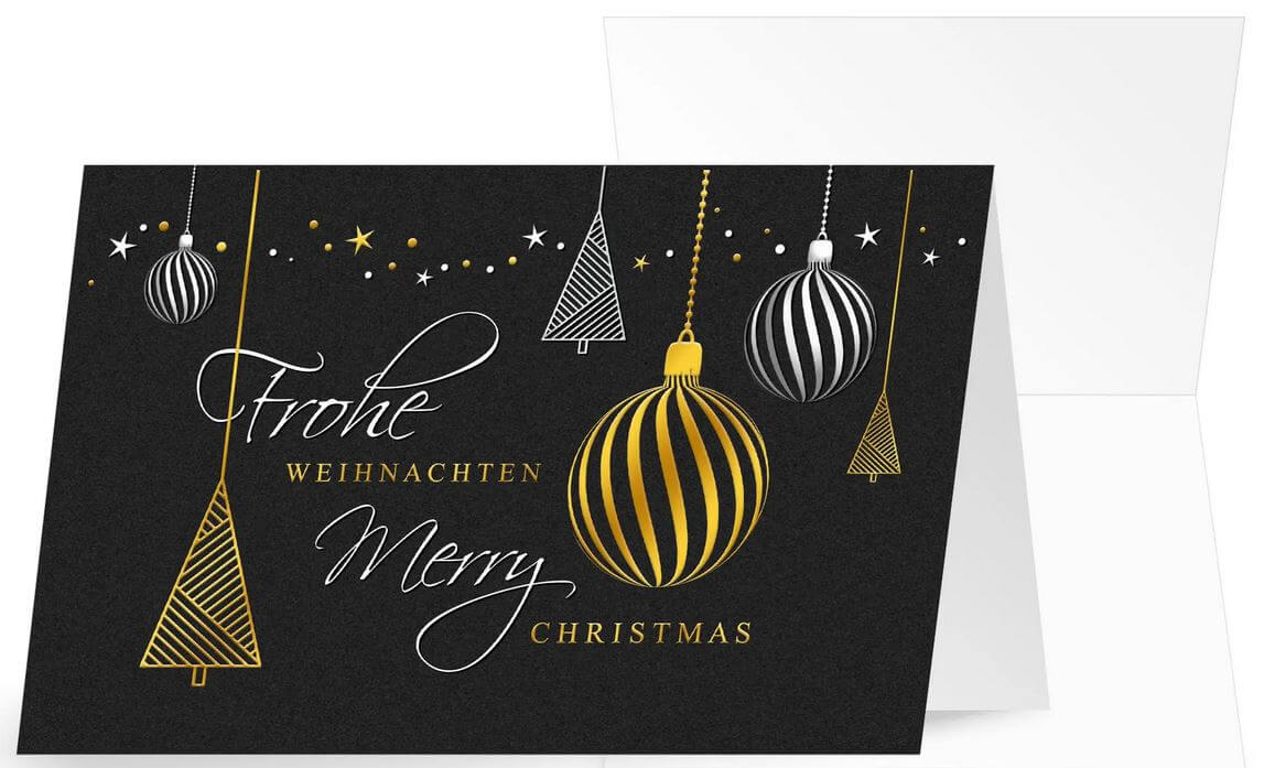 Schwarze Weihnachtskarte mit Goldfolienprägung in gold und deutsch-englischem Gruß