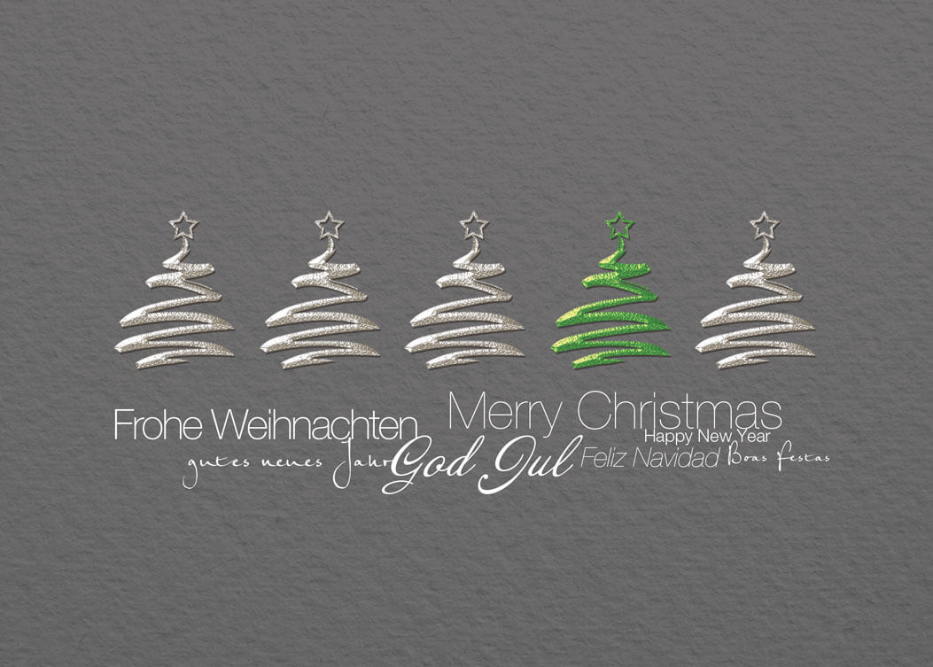 Mehrsprachige Weihnachtskarte in grau mit Silber- und Grünprägung