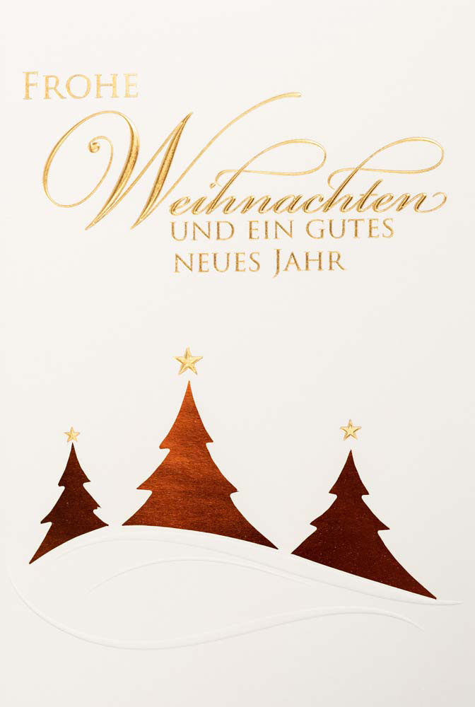 Weiße Weihnachtskarte mit Goldfolienprägung Weihnachtsgruß und kupferfarbenem Einlegeblatt