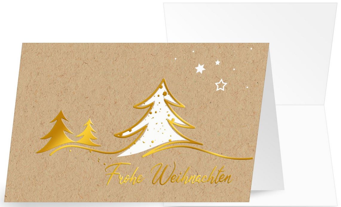 Braune Weihnachtskarte mit goldener Folienprägung von Tannenbäumen und Gruß