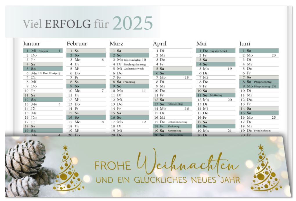 Weihnachtskarte für Firmen als aufstellbarer Kalender mit Jahreszahl 2025 und Platz für Ihren Logoeindruck