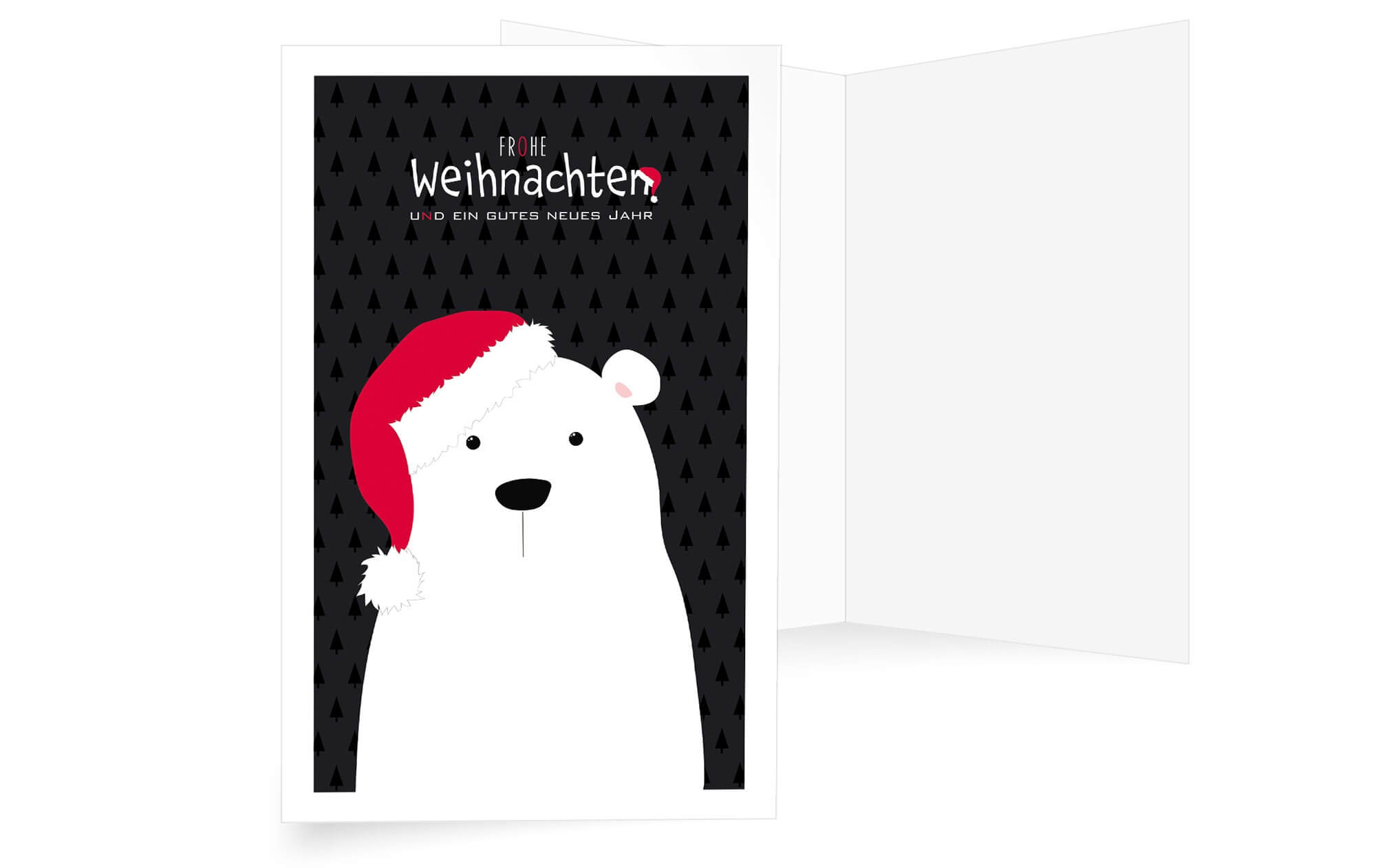 Humorvolle Weihnachtskarte mit weißem, putzigen Eisbär und roter Bommelmütze, inkl. Gruß