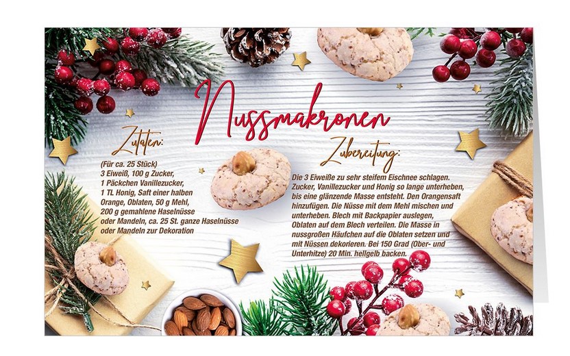 Weihnachtliche Rezeptkarte für die Plätzchensorte "Nussmakronen" mit Zutatenliste und Anleitung