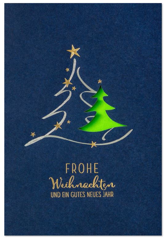 Blaue Laser-Weihnachtskarte mit Folienprägung, gestanztem Baum und Einleger in hellgrün