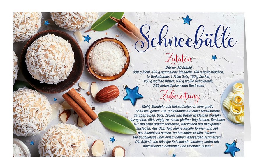 Rezept-Weihnachtskarte für die Zuberitung von Schneebällen aus Mandeln und Kokosflocken