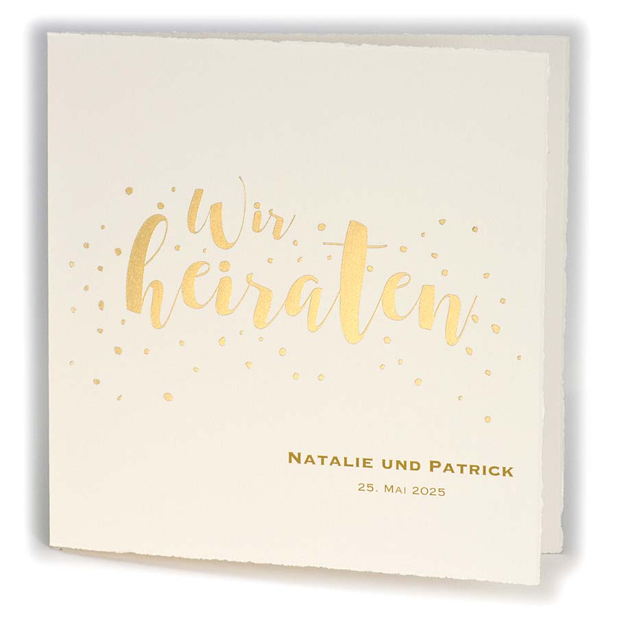 Exclusive Büttenkarte Pure Cotton in creme mit Goldfolienprägung "Wir heiraten" 