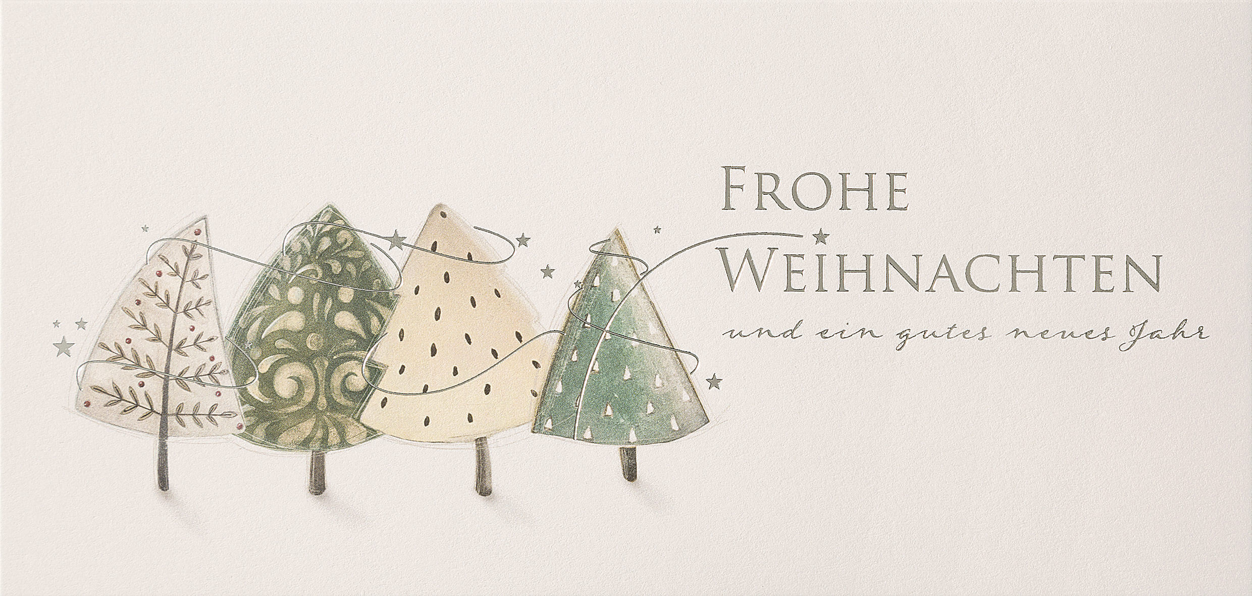 Weihnachtskarte im DIN lang Format mit schwingenden Bäumen und Weihnachts- und Neujahrswünschen