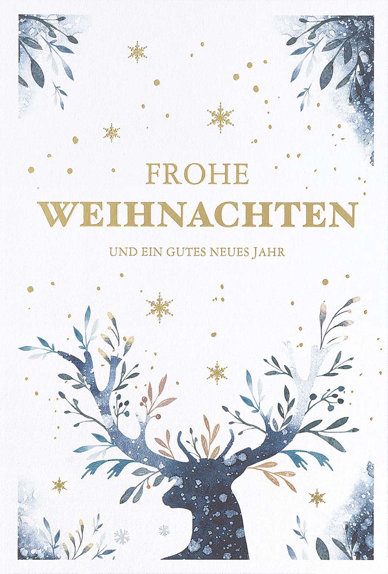 Cremeweiße Weihnachtskarte mit blauem Farbdruck und feiner Goldfolienprägung