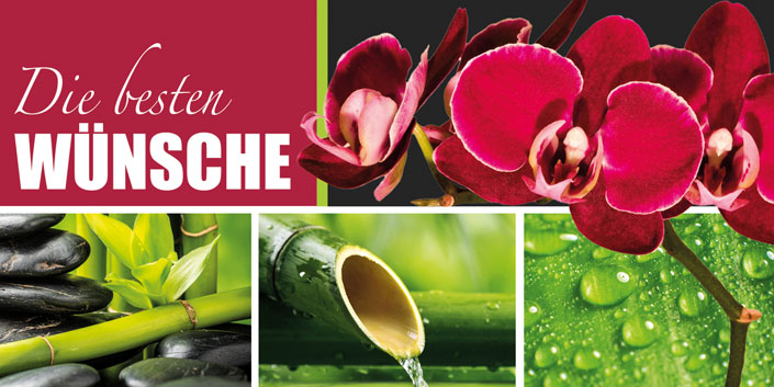 Glückwunschkarte im Asia Style mit Bambus, Wasser, Kieselsteine und Orchidess