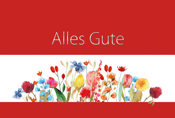 Rote Glückwunschkarte mit bunten Blumen und silbernem Schriftzug "Alles Gute", inkl. Einlegeblatt