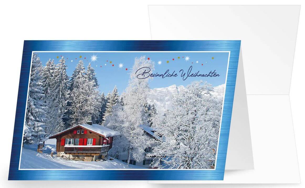 Winter-Weihnachtskarte "Schneelandschaft" mit Weihnachtsgruß, Berghütte und Gebirge