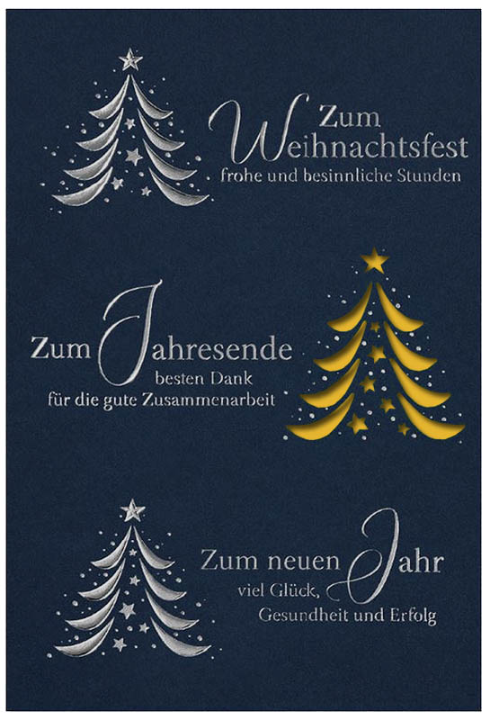 Firmen-Weihnachtskarte in blau mit Laserstanzung, Silberfoliendruck und Einleger in gelb